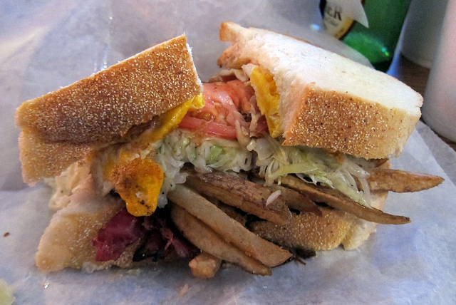 At Pittsburgh's legendary Primanti Bros. restaurant, the sandwich is the whole meal. Good motivation to walk or bike it off! / Photo: wallyg via Flickr