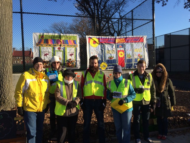 For the "Fix this Public Space Day of Action," a neighborhood team painted canvases depicting colorful storefronts to give community members and business owners a vision of what the public space could become | Photo courtesy of Grace Freedman, co-chair of FOFA/Park Slope City Council 