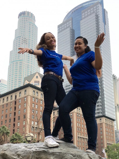 Southwest's Pauline Morris-Ewing and Pearl Mapu in LA's Pershing Square